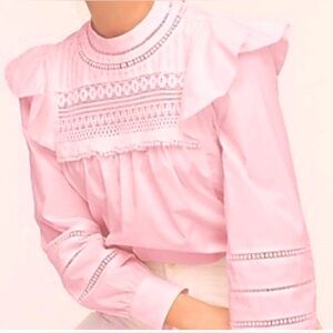 J. Crew Re-Imagined Blouse Ruffled Cotton w/ Embroidery in pink color size XS